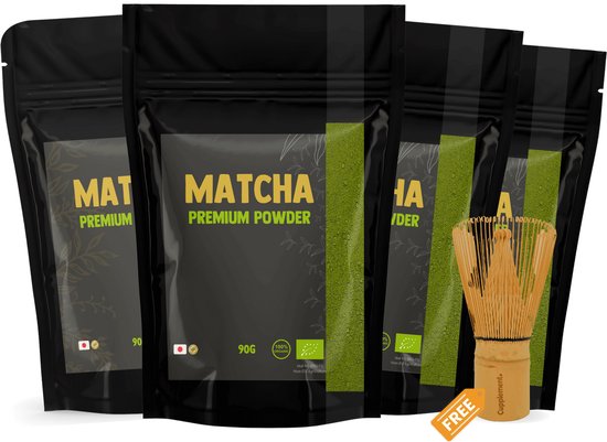 Complément | 4 sachets de Premium 90 grammes | Biologique | Mousseur, piles et expédition gratuits | Poudre de Thee vert de la plus haute qualité