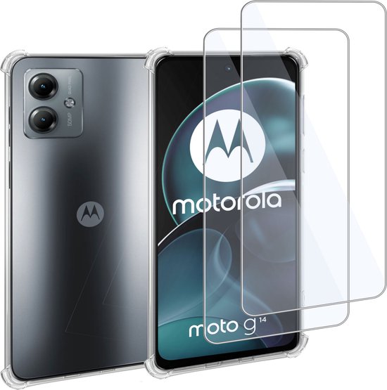 Coque Motorola Moto G14 + 2x Protecteur d&rsquo;écran Motorola Moto G14 – Coque en Glas Trempé + Coque Antichoc – Transparent