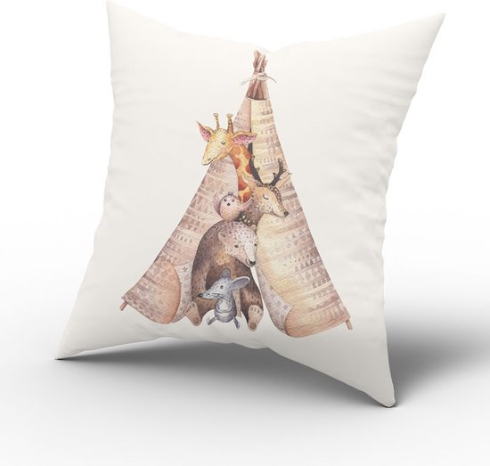 Coussin tipi aquarelle animaux de la forêt-Déco chambre enfant-Accessoires chambre enfant-Coussin tipi aquarelle animaux blanc-Coussin avec kussen intérieur -taille 40×40