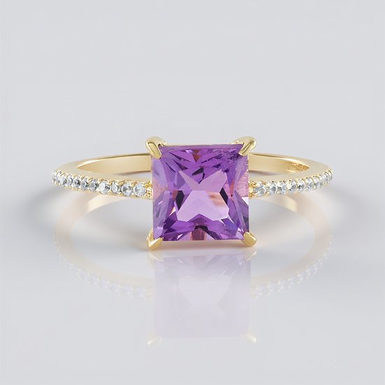 Cavill – Bague Améthyste 1,5 ct – Argent Sterling 925 Plaqué Or – 24 Zircones – Bague de Dame Mauve Luxe – Taille Princess