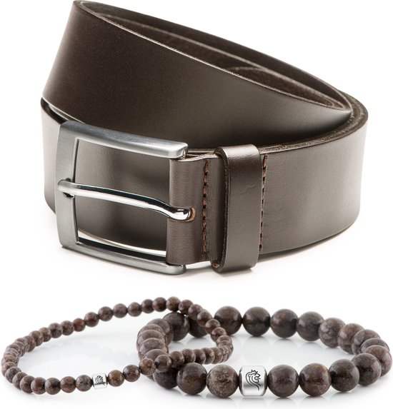Bracelet en Perles Bill Brown taille unique et ceinture en cuir Finn Dark Brown – 3,5 cm de large – 85 cm – Longueur totale 100 cm