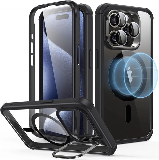 Coque ESR Armor Tough HaloLock adaptée à Apple iPhone 15 Pro | Compatible avec MagSafe | avec béquille de rangement | Protection complète | Protection Extra de la caméra | Noir transparent