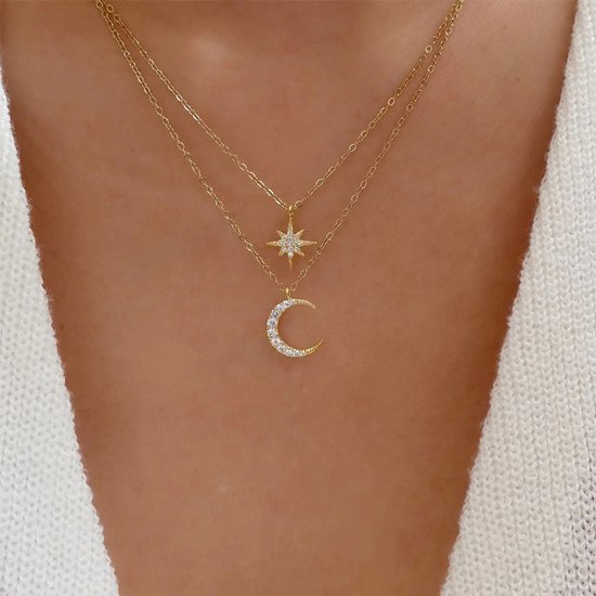 Collier Helin Life pour femme, couleur or, Collier multi-rangs – argent 925 – étoiles et lune – zircone – réglable – Set de Bijoux élégant et intemporel – cadeau Perfect pour femme – or