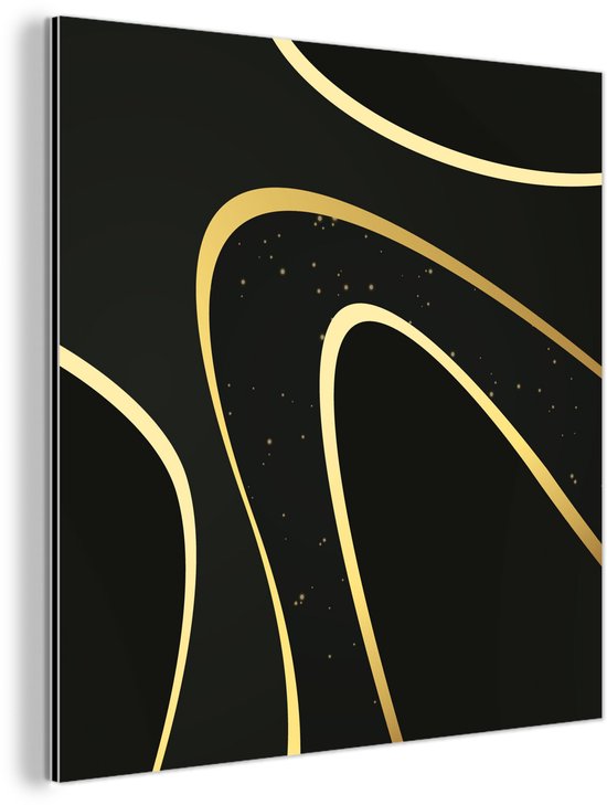 Décoration murale Métal – Peinture Aluminium – Vagues dorées sur fond noir – 20×20 cm