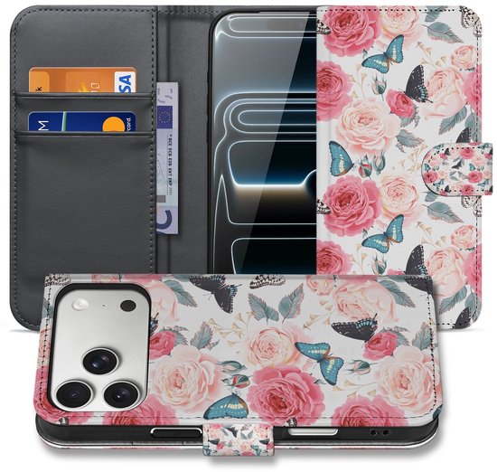 Étui portefeuille Apple iPhone 17 Pro Rose Butterfly Roses avec fentes pour cartes