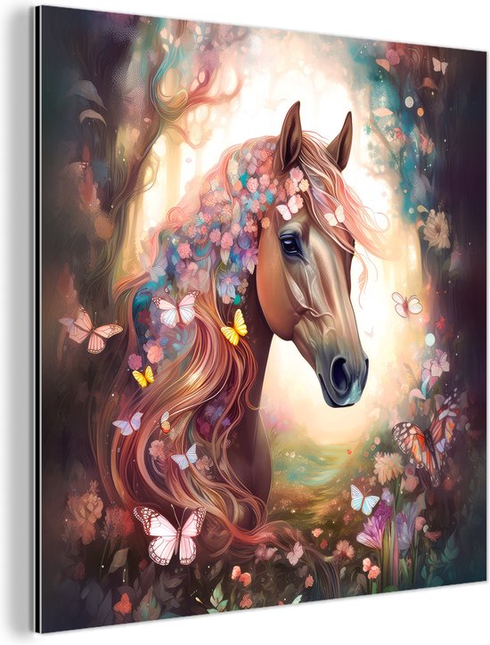 Décoration murale Métal – Peinture Aluminium Industriel – Cheval – Nature – Fleurs – Papillons – Forêt – 20×20 cm – Dibond – Photo sur aluminium – Décoration murale industrielle – Pour le salon/chambre