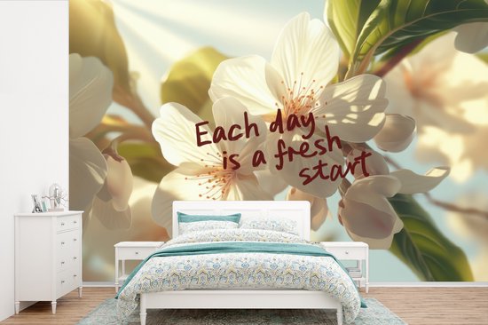 Behang – Fotobehang Bloesems – Zonlicht – Quote – Wit – Breedte 525 cm x hoogte 350 cm