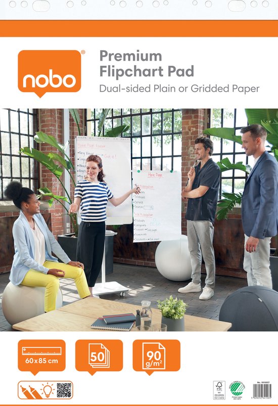 Bloc de paperboard Nobo Premium 600x890mm, papier double face vierge ou quadrillé, 50 feuilles, 90 grammes, 1 paquet, op rol