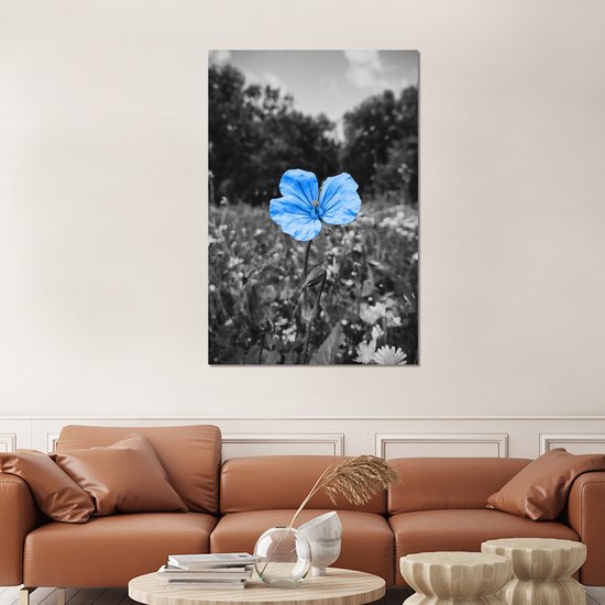 Décoration murale Métal – Aluminium – Fleurs – Zwart – Wit – Blauw – 100×150 cm