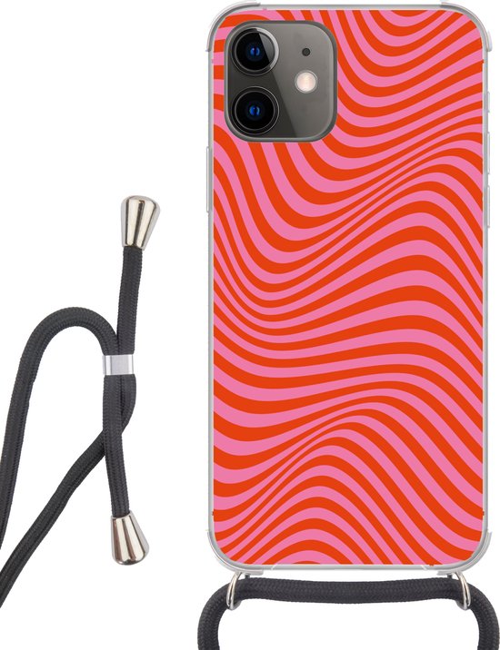 Coque de téléphone adaptée pour iPhone 11 – Motif ondulé – Rouge – Rose – Lignes – Siliconen – Bandoulière – Coque arrière avec cordon – Coque de téléphone avec cordon – Coque avec corde Coque de téléphone