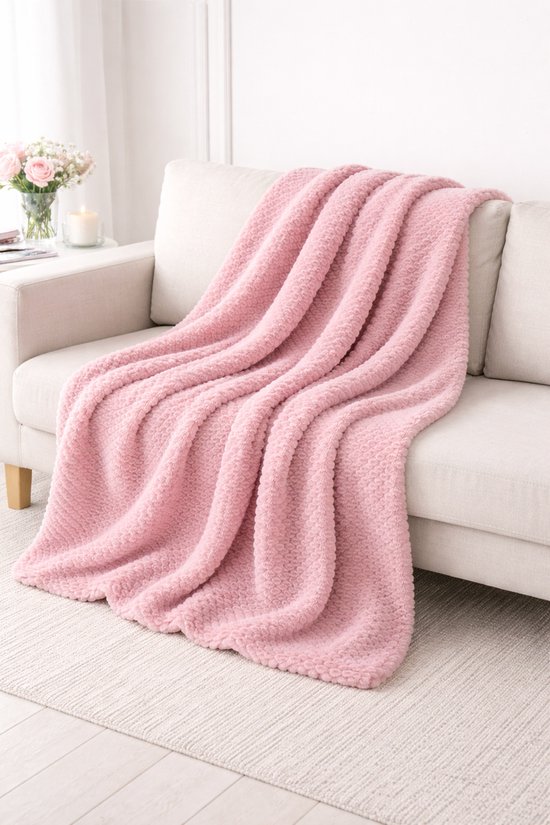 Couverture en polaire nid d&rsquo;abeille 150×200 cm – Luxe, extra douce & chaude – Pour canapé et lit – Rose