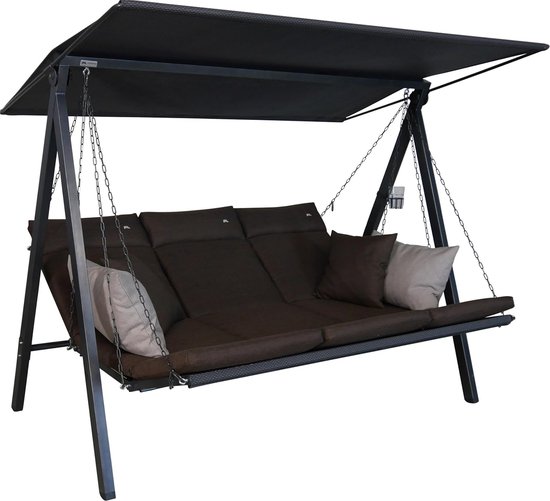 Balançoire 3 places avec fonction lit 210x145x160 cm avec toit pare-soleil réglable et coussins – lit de jardin de luxe, salon de jardin résistant aux intempéries pour terrasse et jardin – beige – Urbanhome