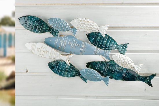 Décoration murale en métal représentant un poisson – bleu crème – tableau 5x71x30 cm