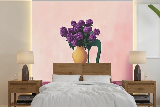 Behang – Fotobehang Stoel – Vaas – Bloemen – Geblokt – Breedte 280 cm x hoogte 280 cm