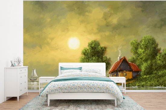 Behang – Fotobehang Schilderij – Olieverf – Huis – Natuur – Water – Breedte 400 cm x hoogte 300 cm