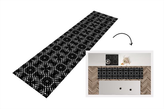 Coureur de cuisine – Coureur de cuisine – Motif – Zwart Wit – Géométrie – 200×50 cm – Vinyle de coureur de cuisine