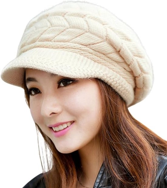 Bonnet femme tricoté, chaud avec bord, bonnet d&rsquo;hiver femme avec doublure polaire, bonnet tricoté élégant, adapté pour l&rsquo;extérieur et le quotidien, beige.