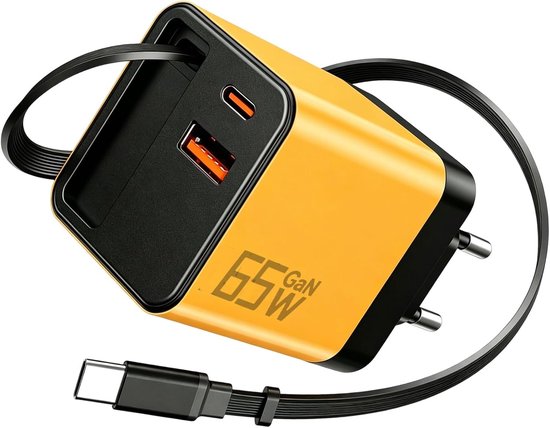 Chargeur USB-C Rapide 65W avec Câble Rétractable – Adaptateur Secteur GaN avec 3 Ports PD – Compatible iPhone 17/16/15 Pro Max – Compatible Samsung Galaxy S24/S23 – Compatible MacBook – Compatible iPad – Adaptateur Mural de Voyage Compact