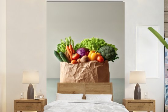 Behang – Fotobehang Papieren – Boodschappen – Groente – Kleurrijk – Breedte 145 cm x hoogte 220 cm
