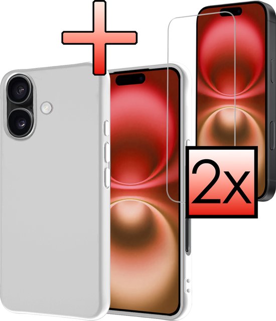 Coque adaptée pour iPhone 16, coque arrière en Siliconen avec 2 films de protection d&rsquo;écran – Wit