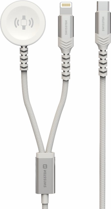 Chargeur magnétique sans fil Swissten 2 en 1 – Convient pour Apple Watch et iPhone – Lightning – 1,2 M – Wit