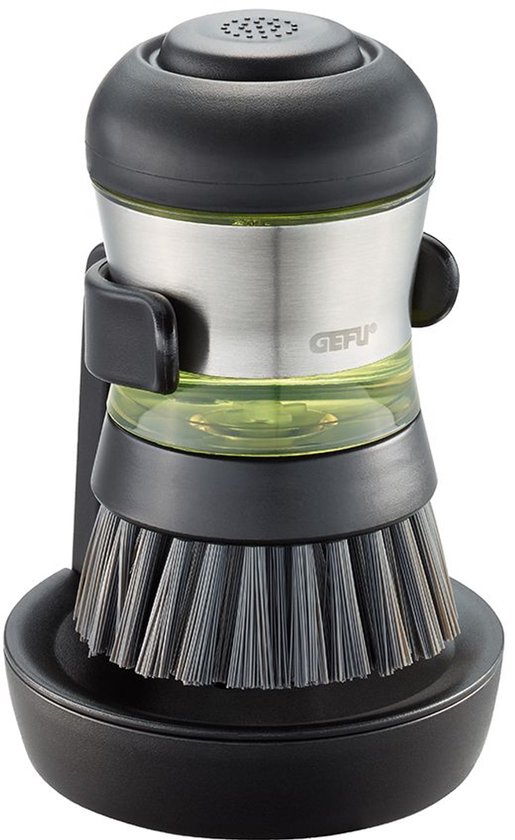 Brosse à vaisselle avec distributeur de savon et égouttoir, 50 ml, 8 cm, rechargeable, plastique, acier inoxydable – GEFU | RAPIDE