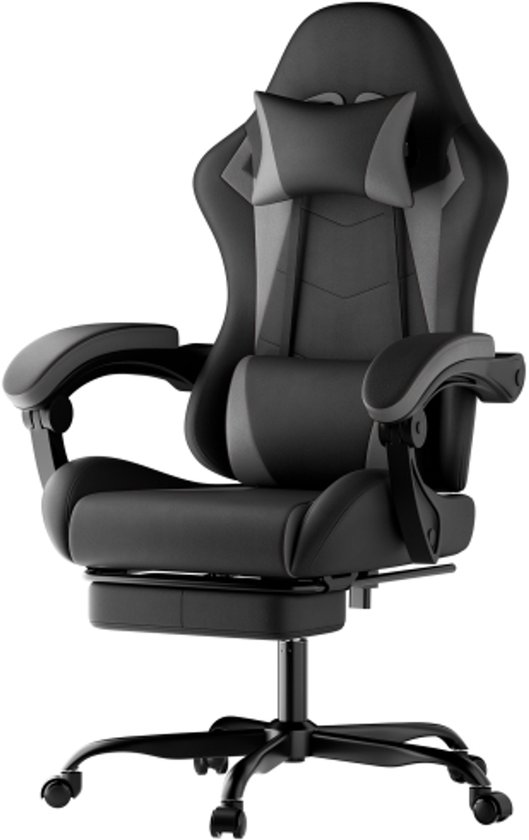 Chaise de Gaming Ergonomique – Chaise de Jeu pour Adultes – Chaise de Bureau – Chaise de Gaming avec Repose-Pieds, Appui-Tête, Coussin Lombaire et Dossier Réglable – Noir Gris