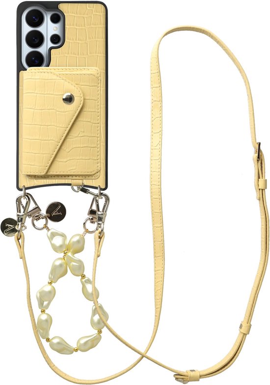 Coque en cuir AVY compatible avec Samsung Galaxy S26 Ultra | Avec cordon et porte-cartes | Compatible MagSafe | Étui en cuir avec dragonne et cordon croisé et portefeuille | Ensemble en cuir perlé | Croco Jaune