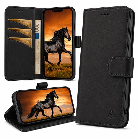 Étui Bookcase en cuir Pulledro pour iPhone 17 – Cuir véritable · Handgemaakt · Fonction support · Noir rustique