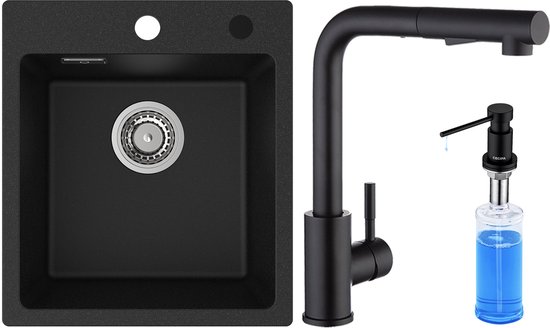 CECIPA max Évier de Cuisine 40x45cm – Évier en Granit Met Robinet de Cuisine et Distributeur de Savon 300ML – Évier Simple – Éviers de Cuisine Opbouw – 80% Sable de Quartz Évier de Cuisine – Zwart