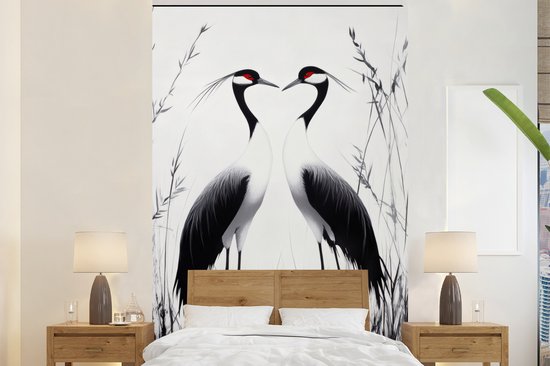 Behang – Fotobehang Kraanvogels – Gras – Hartvorm – Zwart – Breedte 155 cm x hoogte 240 cm