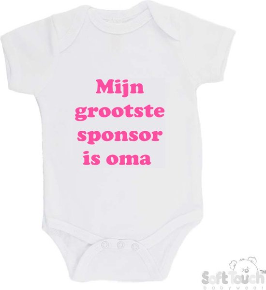 Barboteuse Soft Touch « Mon plus grand sponsor est grand-mère » Filles Katoen Wit/ rose Taille 56/62