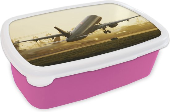 Boîte à lunch Rose – Boîte à lunch – Boîte à lunch – Un avion qui décolle d&rsquo;une piste – 18x12x6 cm – Enfants – Fille – Cadeau Sinterklaas – Distribution de cadeaux pour enfants – Chaussures cadeaux Sinterklaas