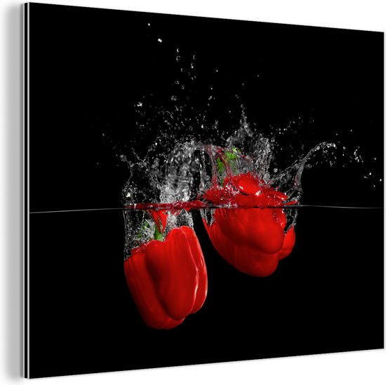 Décoration murale Métal – Peinture Aluminium Industriel – Paprika – Légume – Nature morte – Water – Rouge – 120×90 cm – Dibond – Photo sur aluminium – Décoration murale industrielle – Pour le salon/chambre