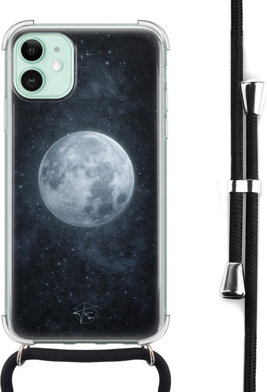 Coque iPhone 11 avec cordon – Lune – Coque en Siliconen avec impression – Antichoc – Protection Extra – Cordon noir inclus – Bandoulière – Coque arrière – Transparent, Blauw