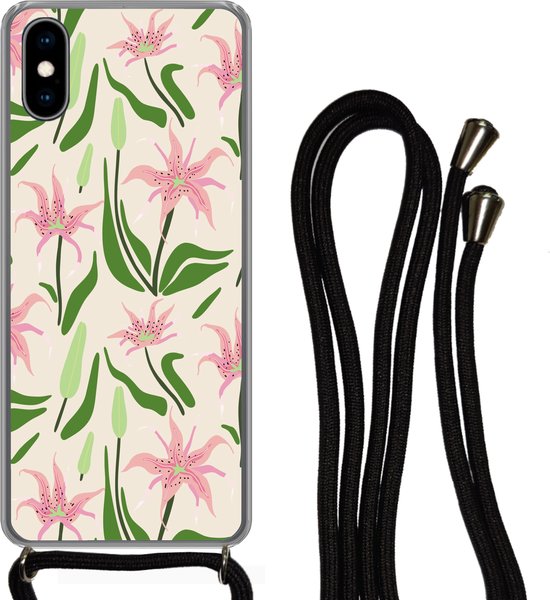 Coque avec cordon iPhone XS – Bloem – Rose – Feuille – Siliconen – Bandoulière – Coque arrière avec cordon – Coque pour téléphone avec cordon – Coque avec corde