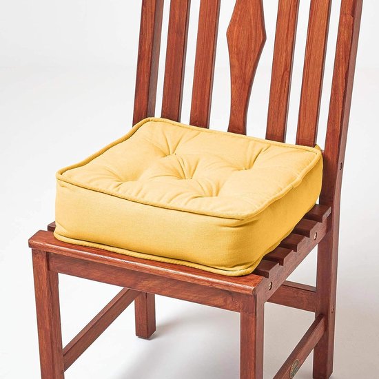 Homescapes Galette de chaise coussin rehausseur en coton Jaune moutarde, 40 x 40 x 10 cm