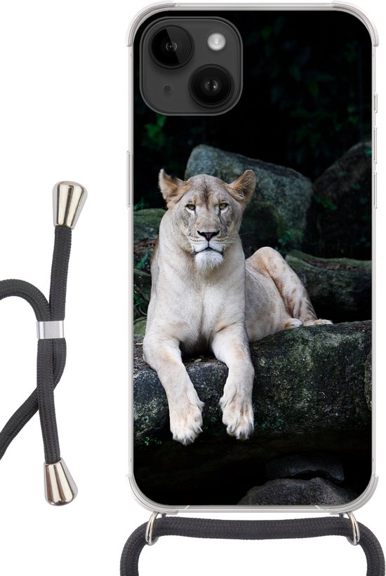 Coque de téléphone adaptée à Apple Iphone 14 – Lion – Animaux sauvages – Portrait – Siliconen – Bandoulière – Coque arrière avec cordon – Coque de téléphone avec cordon – Coque avec corde