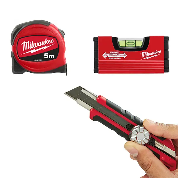 MILWAUKEE – Pack mètre 5m + Cutter + Niveau Minibox – 4932471129