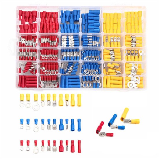 Coffret de cosses de câble – 480 pièces – 30 types de cosses plates – Connexions à sertir avec manchons isolants, fiches plates, fourches à anneau, cosses de câble, boîte d&rsquo;assortiment – Connecteurs de câbles pour électriciens