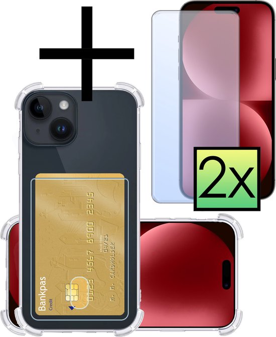 Coque pour iPhone 15 Plus , étui Transparent, résistant aux chocs, porte-cartes, avec 2 protecteurs d&rsquo;écran