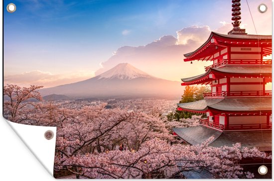 Décoration murale Pagode – Sakura – Fuji – Branches fleuries – Japon – 180×120 cm – Poster jardin