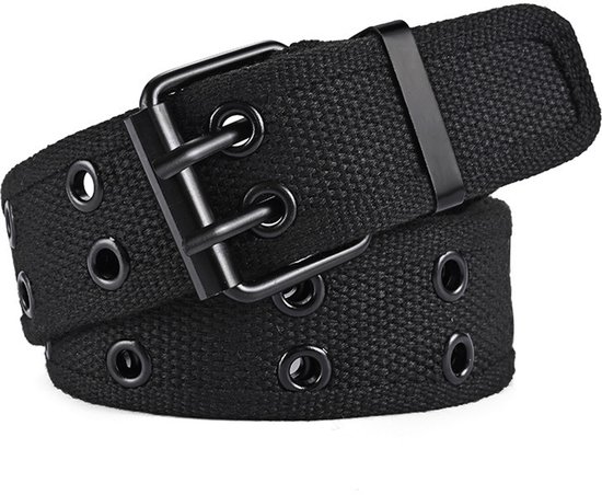 Ceinture unisexe en toile à double boucle rivetée – Ceinture de travail noire tissée décontractée