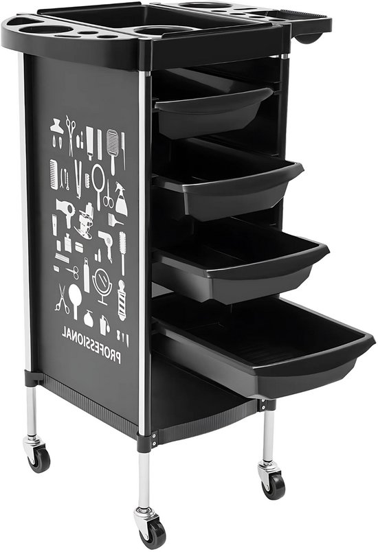 Chariot de coiffure Vera – Avec roulettes – Zwart – Pour salons, spas et stylistes – Chariot de travail