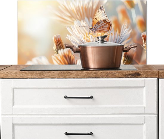 Crédence de Cuisinière en Aluminium 90×45 cm – Papillon – Fleur – Orange – Écran Pare-éclaboussures pour Plaque de Cuisson – Protection Murale