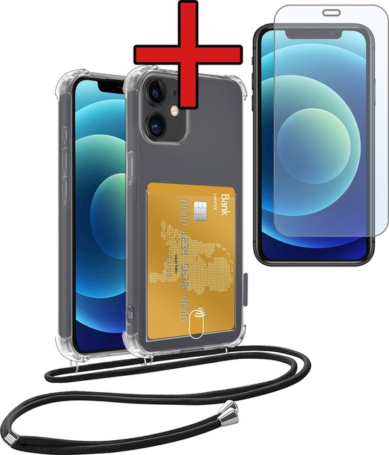 Coque adaptée pour iPhone 11 avec cordon de téléphone et porte-cartes avec protecteur d&rsquo;écran en Siliconen – Coque adaptée pour iPhone 11 avec porte-cartes résistante aux chocs – Transparente