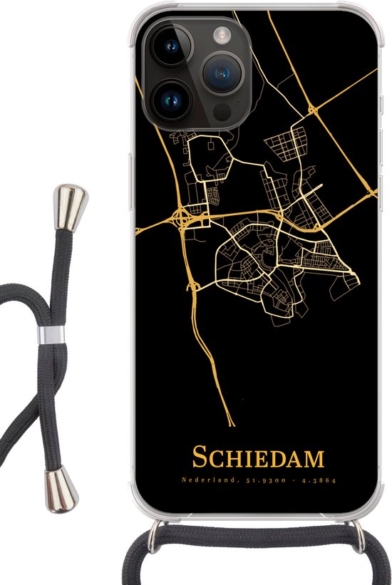 Cordon de téléphone – Chaîne de téléphone – Étui de téléphone Convient pour Apple iPhone 14 Pro Max – Schiedam – Plan de la ville – Or – Zwart – Siliconen – Bandoulière – Étui de téléphone avec cordon Étui de téléphone