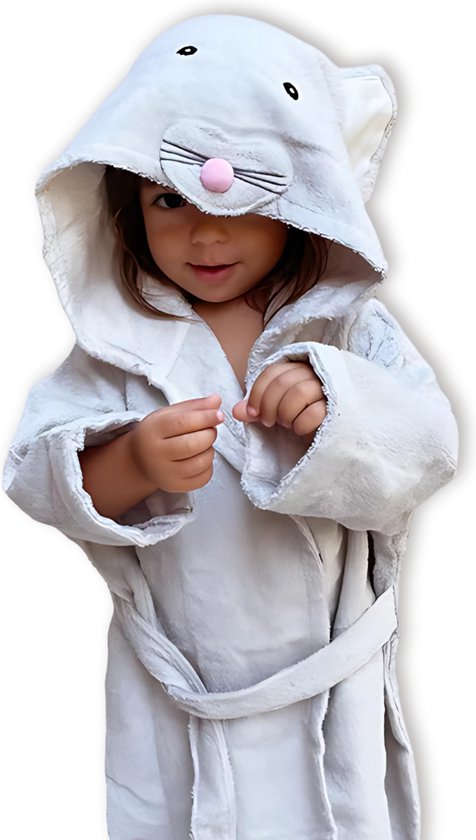 Peignoir Enfant Souris BoefieBoef L Toddler 4-6 Ans (100-120 cm) – Peignoir Coton Doux avec Capuche Animal – Serviette Éponge Absorbante Garçons & Filles – Cadeau Carnaval, Anniversaire – après le Bain & la Natation – Gris