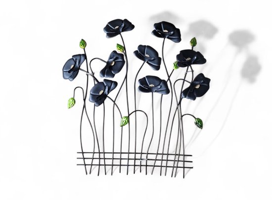 Décoration murale coquelicots 58x59cm en métal – or, noir et vert pour intérieur et extérieur – objet mural