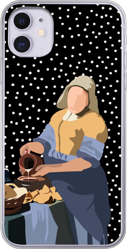 Coque iPhone 11 – Old Masters – Melkmeisje – Pois – Zwart – Coque en Siliconen téléphone –
